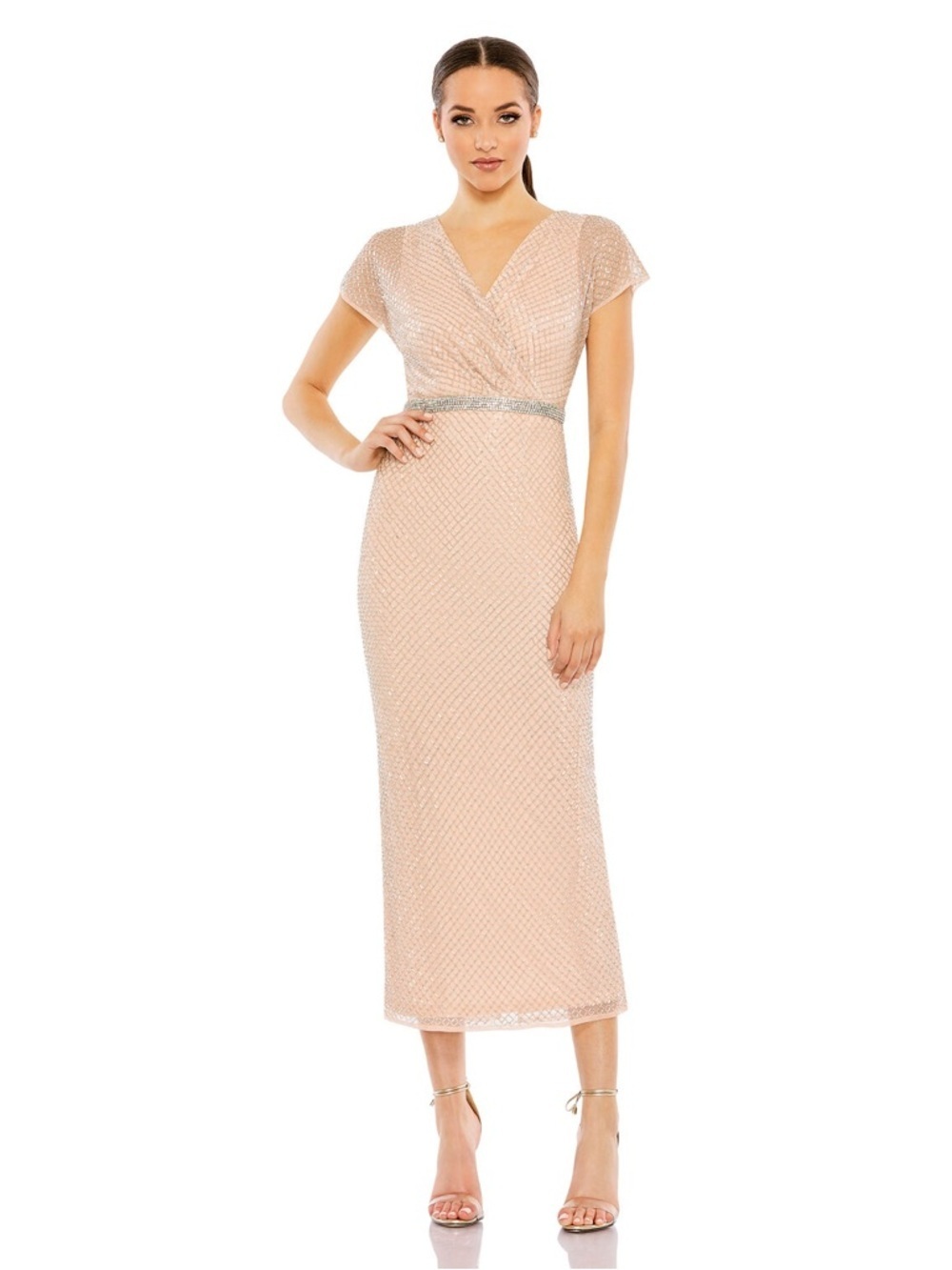 Mac Duggal 93787 Pink Beaded Wrap V-Neck Cap Sleeve Dress Size 14 NWT